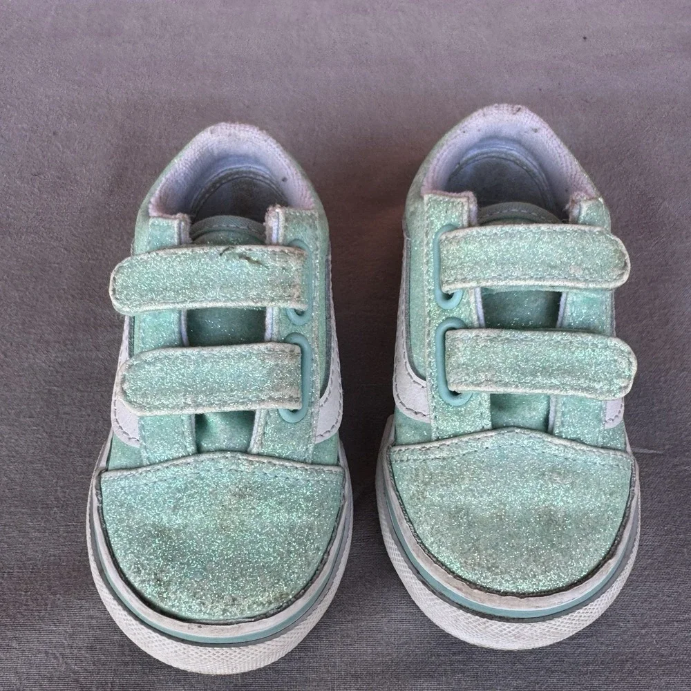 Size 5c - Vans Old Skool Glitter‎ Shoes Kids Mint White Low Top Sneakers
